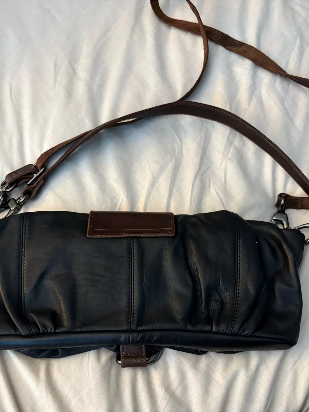 HOBO Y2K vintage Black Leather Clutch with Brown Trim and Gunmetal Hardware